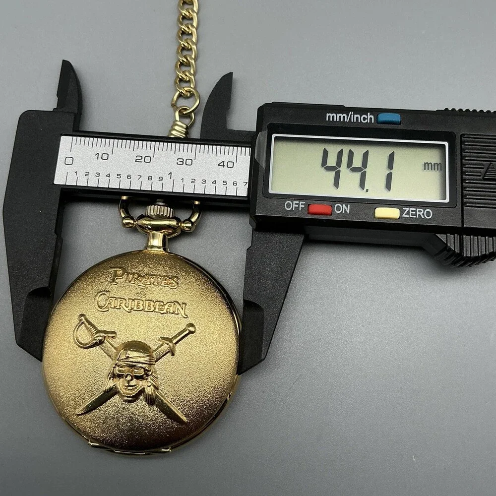 Disney Pirates Caribbean Pocket Watch Men 44mm Gold Tone Full Hunter New Battery